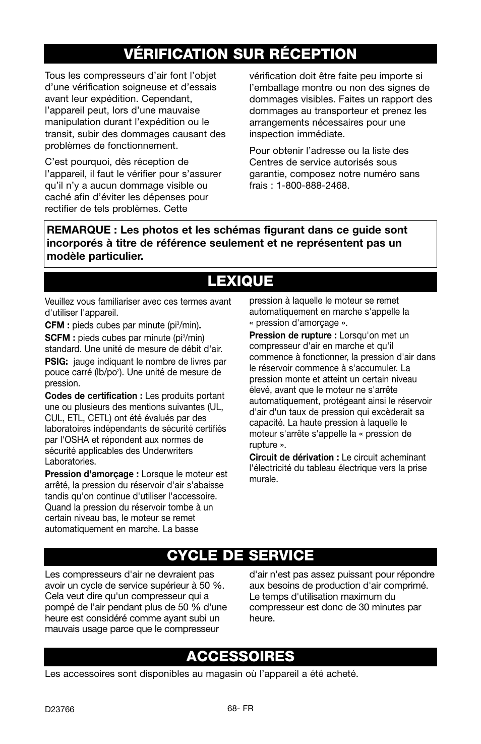 Lexique, Accessoires vérification sur réception, Cycle de service | DeWalt DeVILBISS User Manual | Page 68 / 92