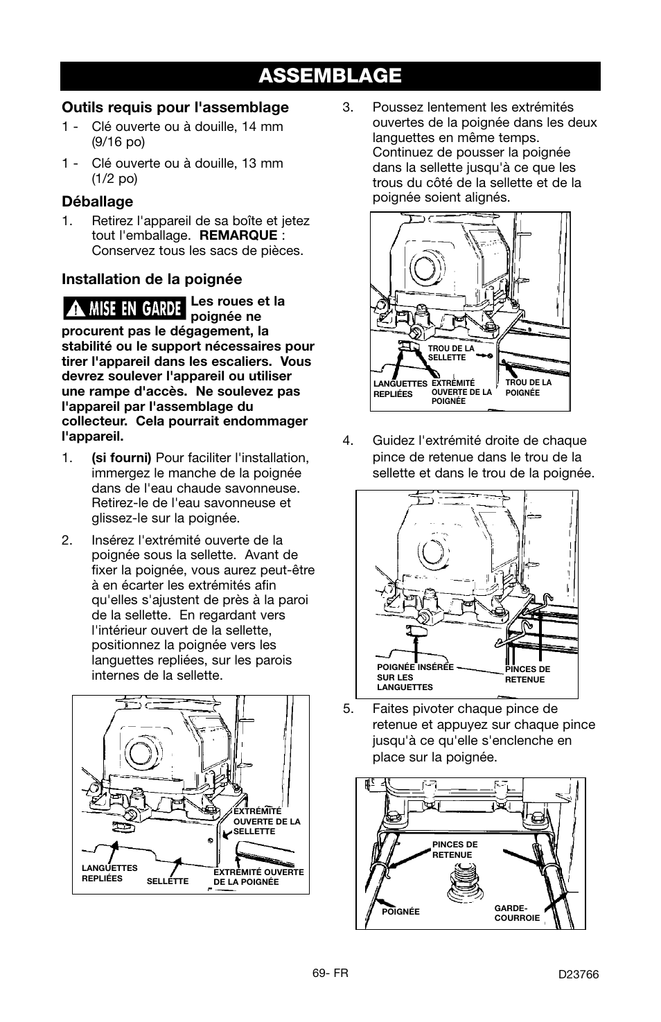 Assemblage, Déballage, Outils requis pour l'assemblage | Installation de la poignée | DeWalt DeVILBISS User Manual | Page 69 / 92