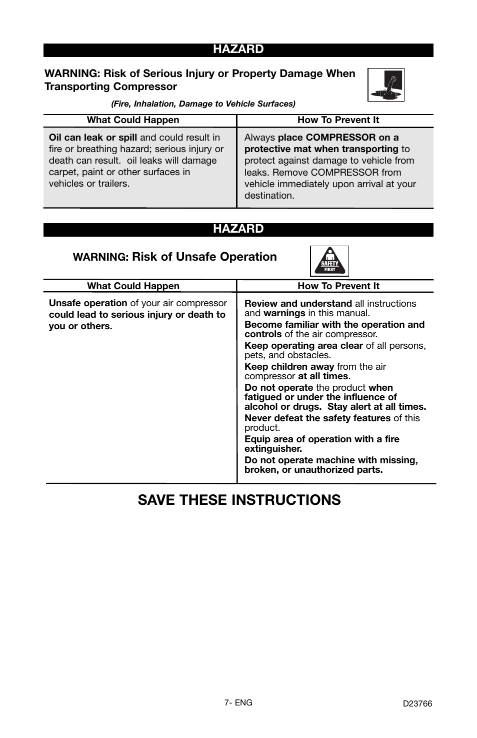 Save these instructions, Risk of unsafe operation, Hazard | DeWalt DeVILBISS User Manual | Page 7 / 92