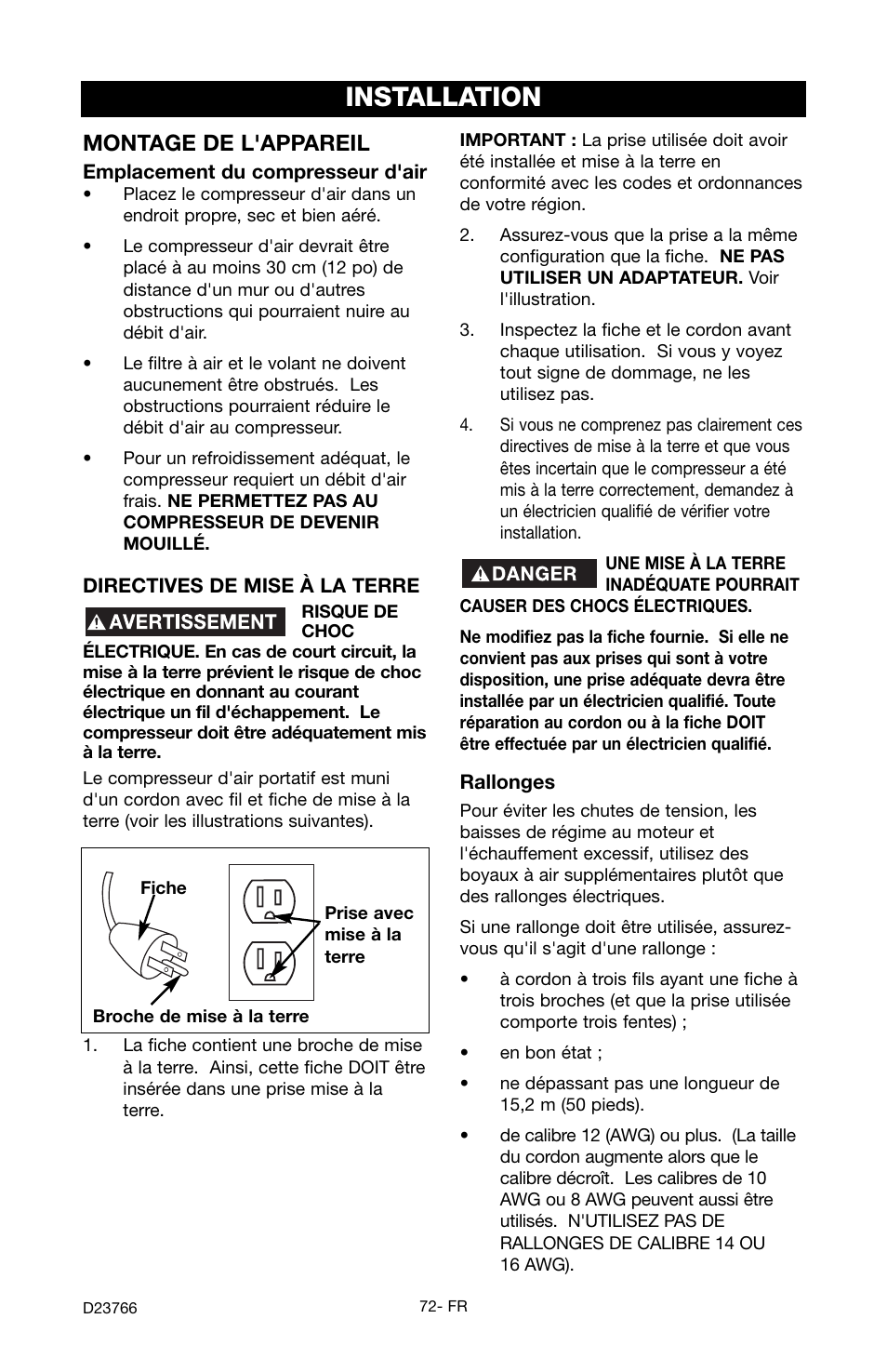 Installation, Montage de l'appareil | DeWalt DeVILBISS User Manual | Page 72 / 92