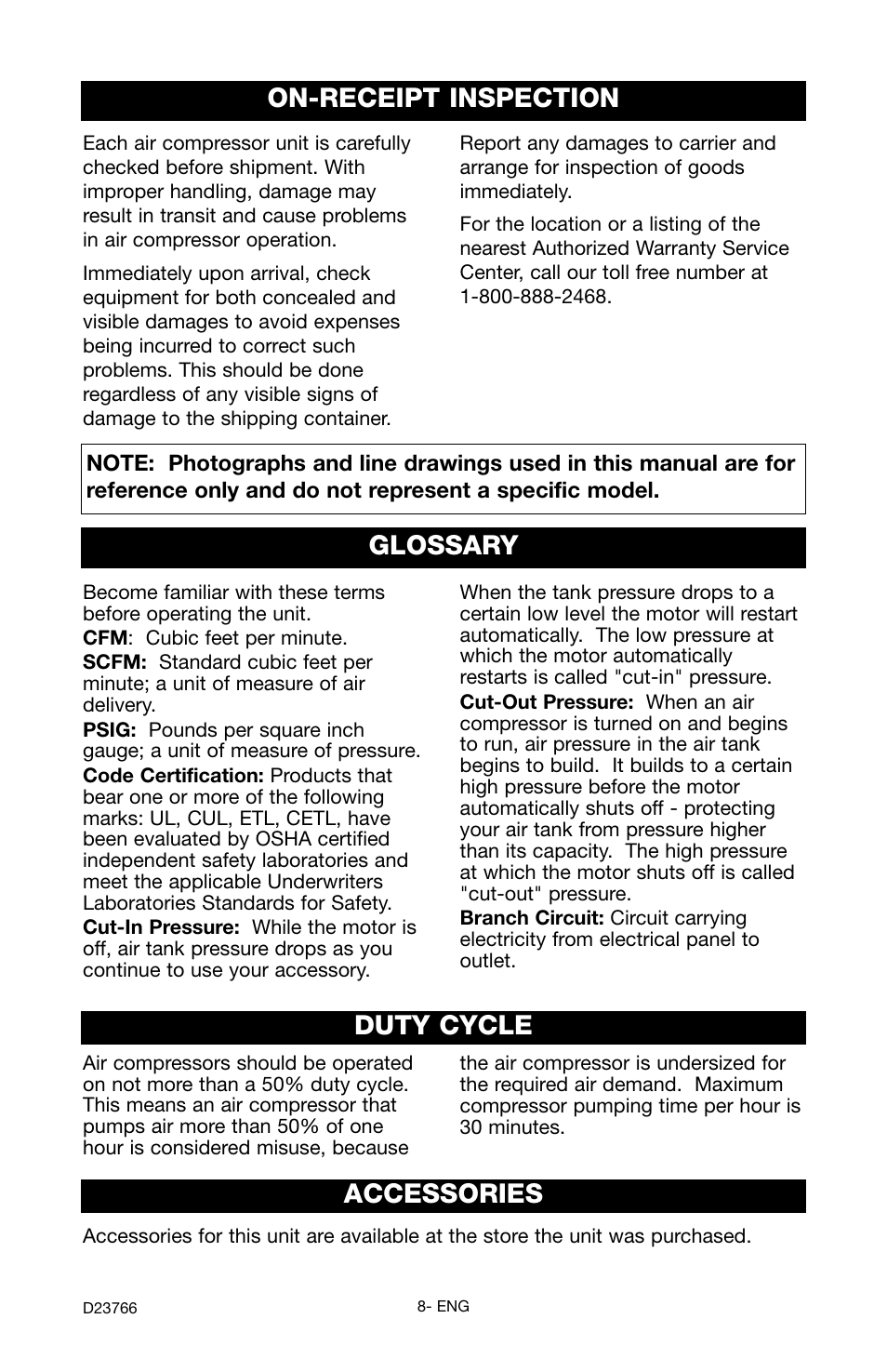 Glossary, Duty cycle, Accessories | On-receipt inspection | DeWalt DeVILBISS User Manual | Page 8 / 92