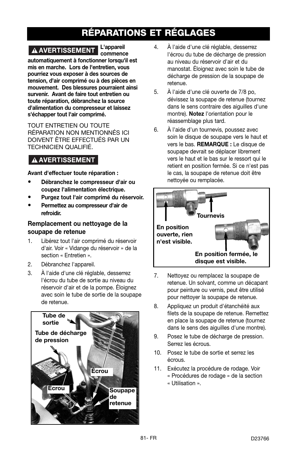 Réparations et réglages | DeWalt DeVILBISS User Manual | Page 81 / 92