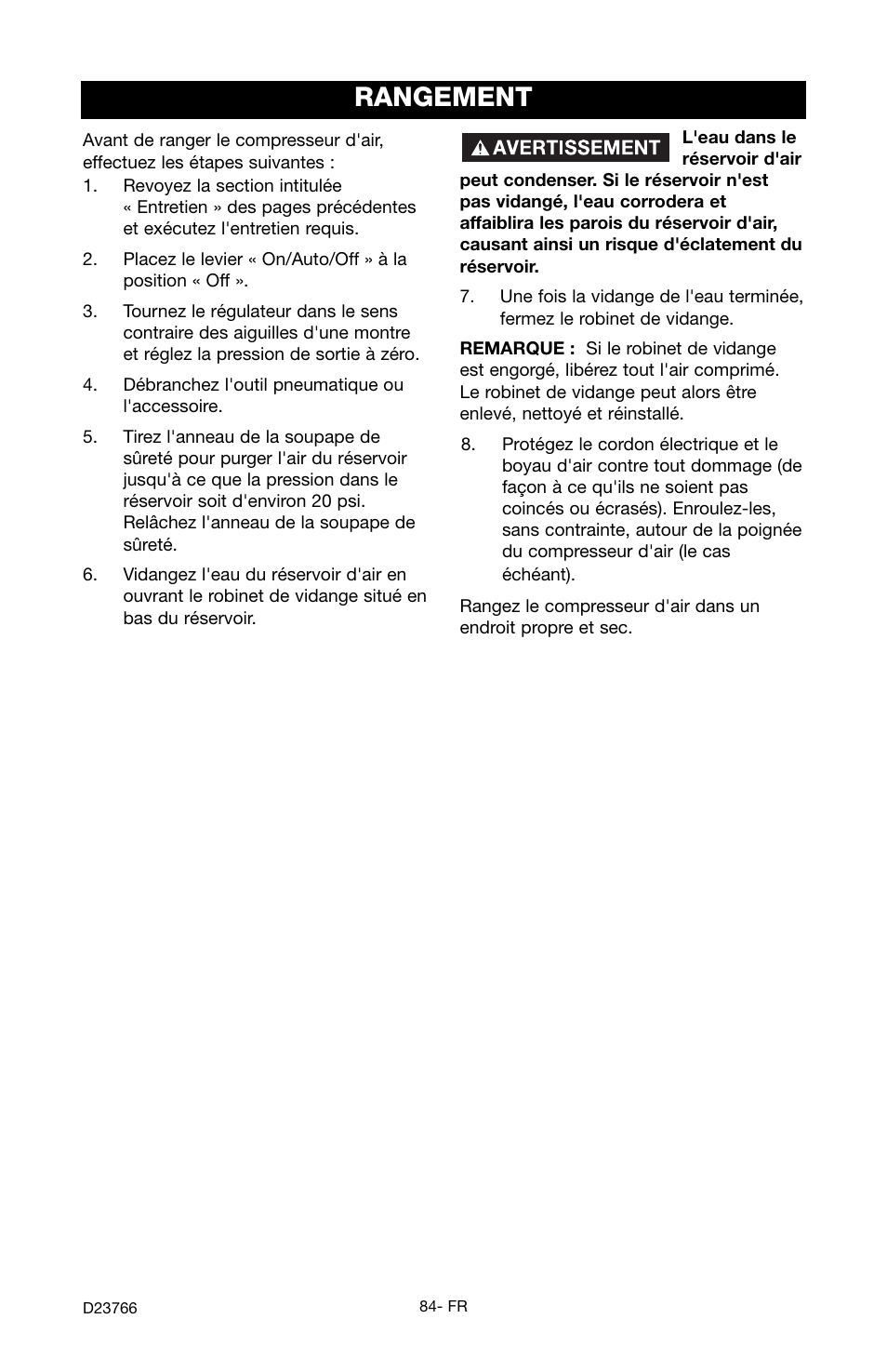 Rangement | DeWalt DeVILBISS User Manual | Page 84 / 92