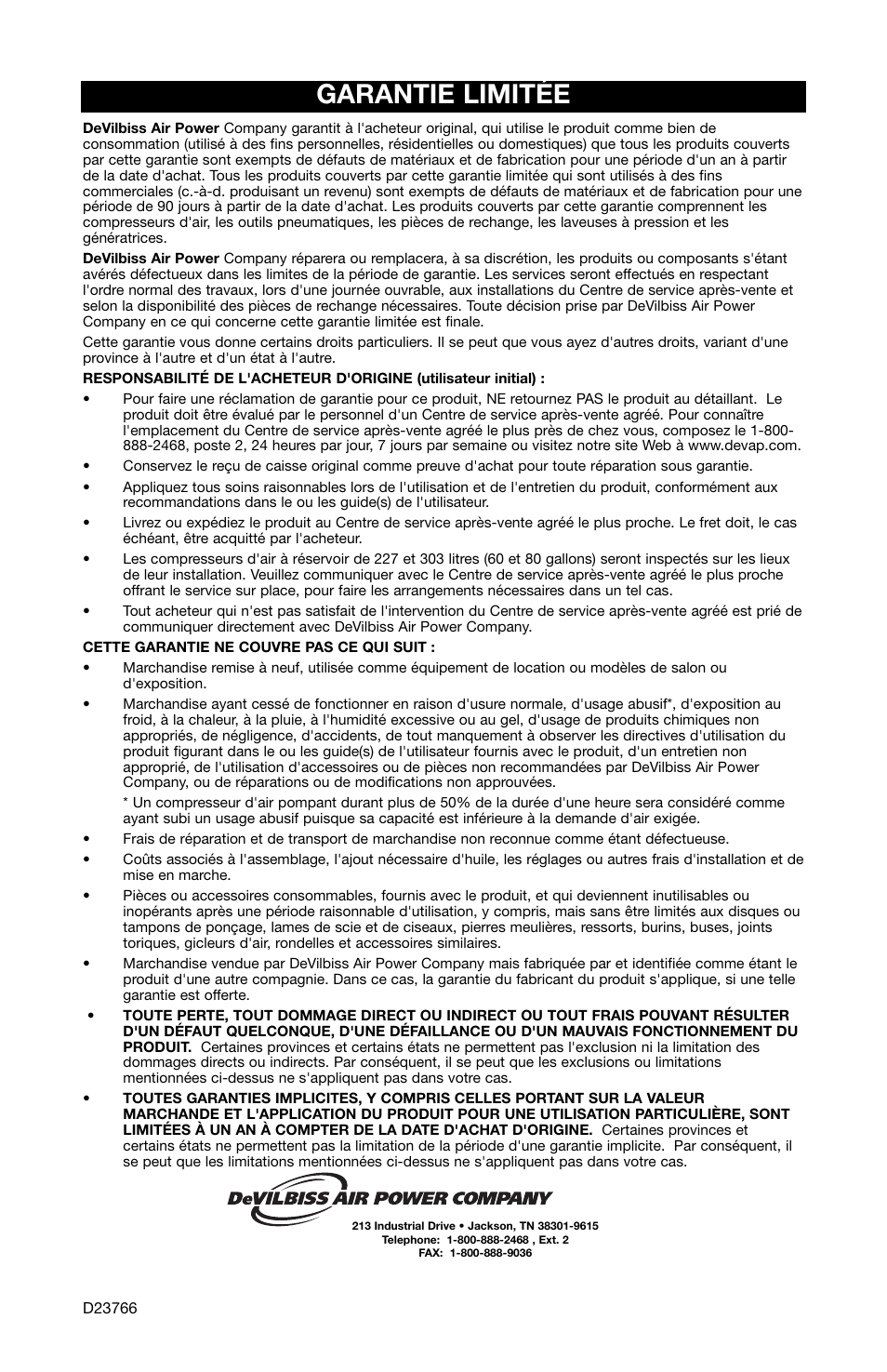 Garantie limitée | DeWalt DeVILBISS User Manual | Page 92 / 92