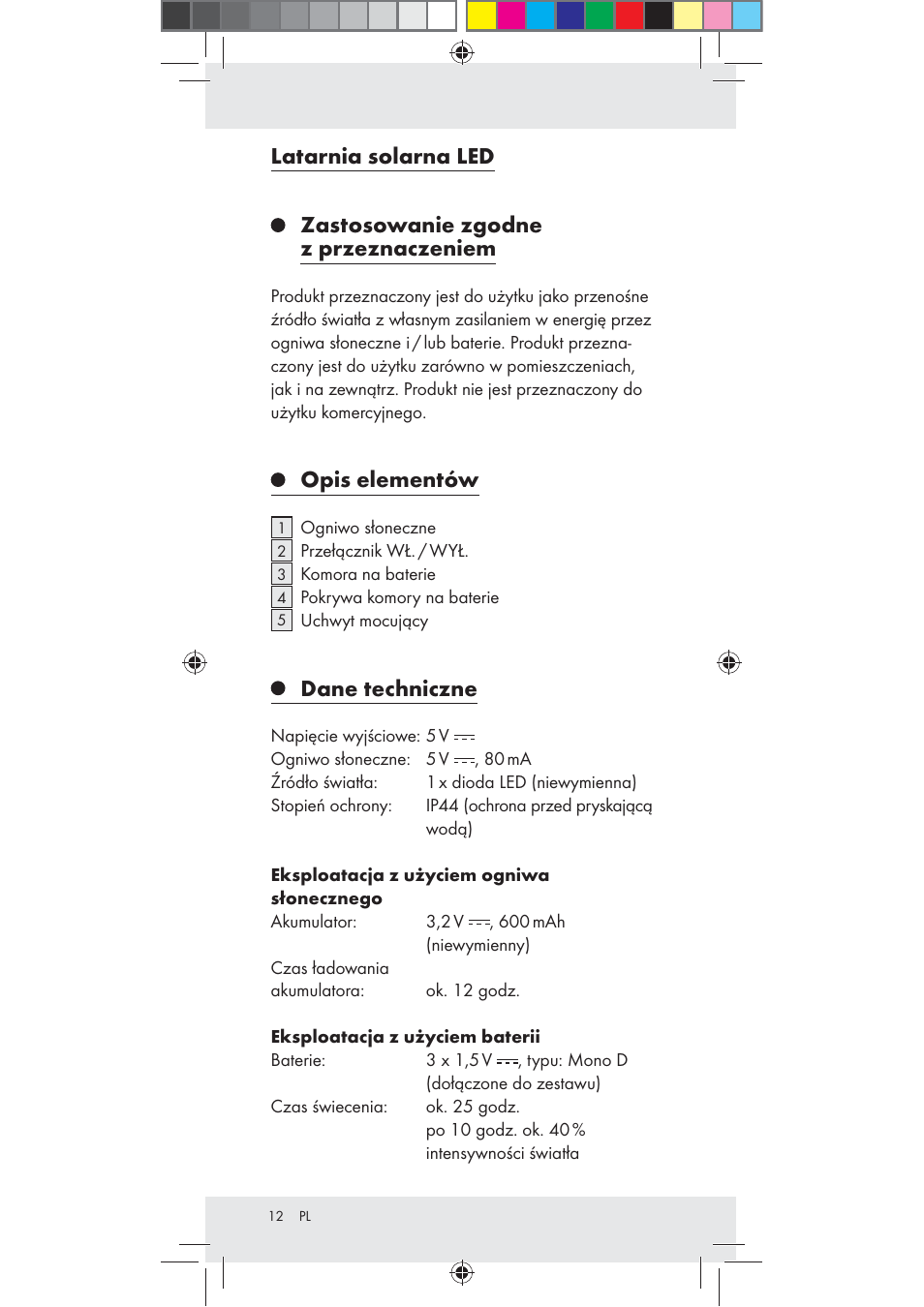 Opis elementów, Dane techniczne | Rocktrail Z30712 User Manual | Page 12 / 53