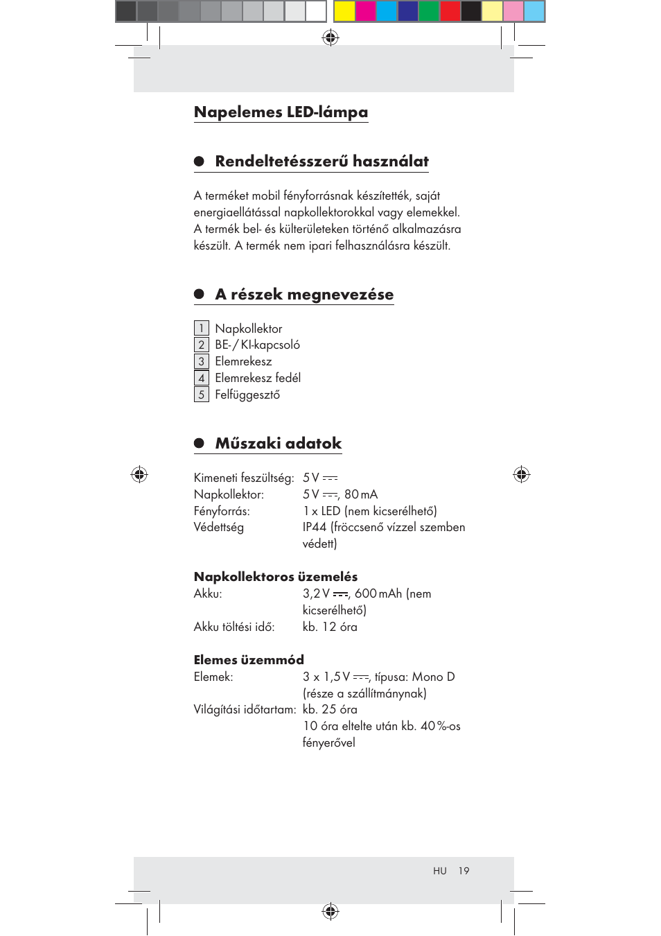 Napelemes led-lámpa rendeltetésszerű használat, A részek megnevezése, Műszaki adatok | Rocktrail Z30712 User Manual | Page 19 / 53