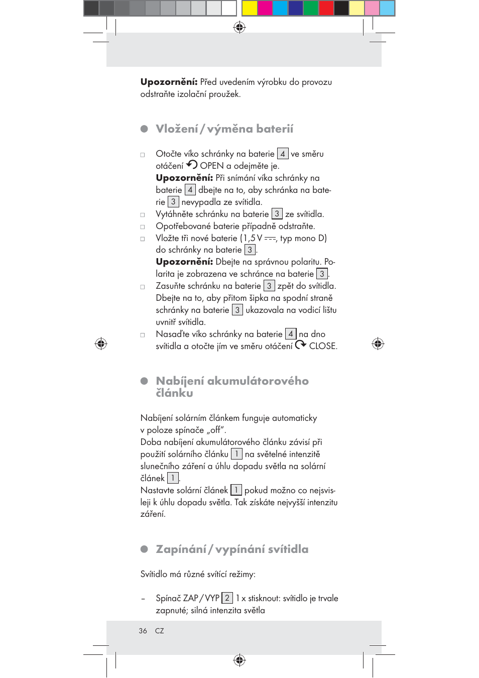 Vložení / výměna baterií, Nabíjení akumulátorového článku, Zapínání / vypínání svítidla | Rocktrail Z30712 User Manual | Page 36 / 53