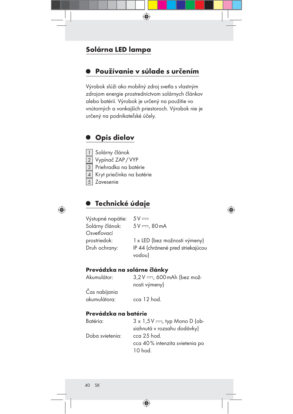 Solárna led lampa používanie v súlade s určením, Opis dielov, Technické údaje | Rocktrail Z30712 User Manual | Page 40 / 53