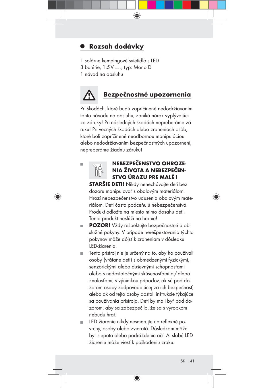 Rozsah dodávky, Bezpečnostné upozornenia | Rocktrail Z30712 User Manual | Page 41 / 53