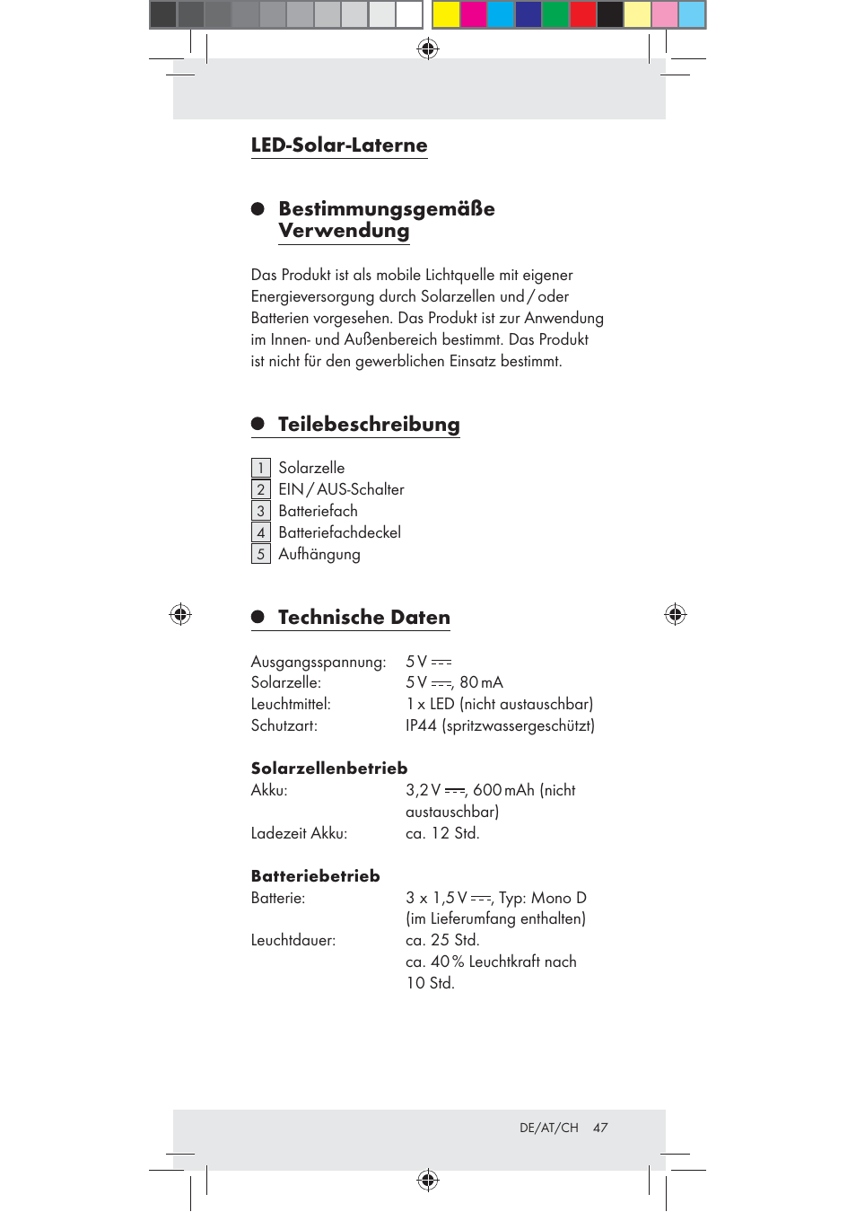 Led-solar-laterne, Bestimmungsgemäße verwendung, Teilebeschreibung | Technische daten | Rocktrail Z30712 User Manual | Page 47 / 53