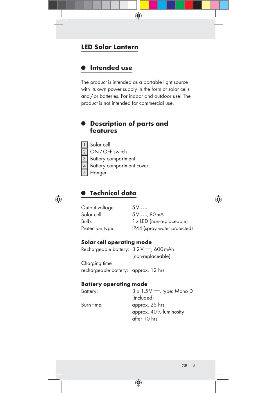 Led solar lantern, Intended use, Description of parts and features | Technical data | Rocktrail Z30712 User Manual | Page 5 / 53