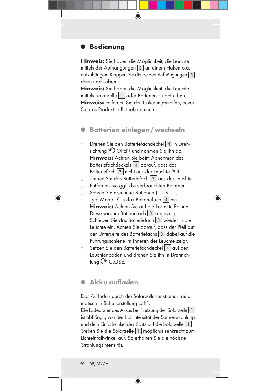 Bedienung, Batterien einlegen / wechseln, Akku auﬂaden | Rocktrail Z30712 User Manual | Page 50 / 53