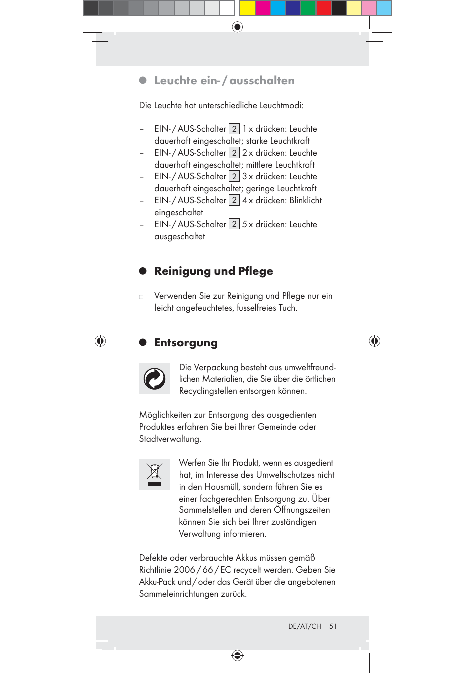 Leuchte ein- / ausschalten, Reinigung und pﬂege, Entsorgung | Rocktrail Z30712 User Manual | Page 51 / 53