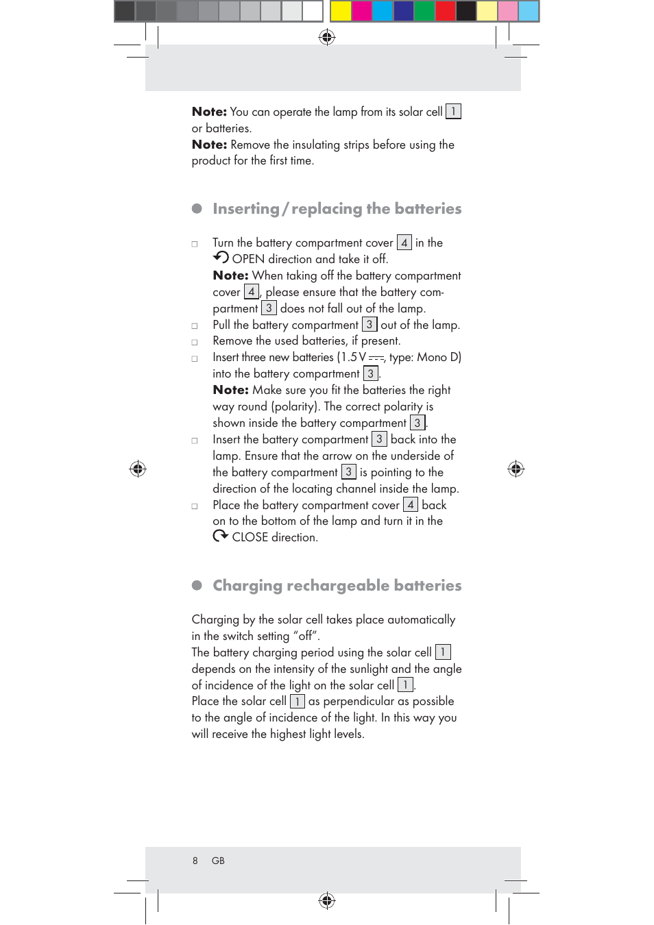 Inserting / replacing the batteries, Charging rechargeable batteries | Rocktrail Z30712 User Manual | Page 8 / 53
