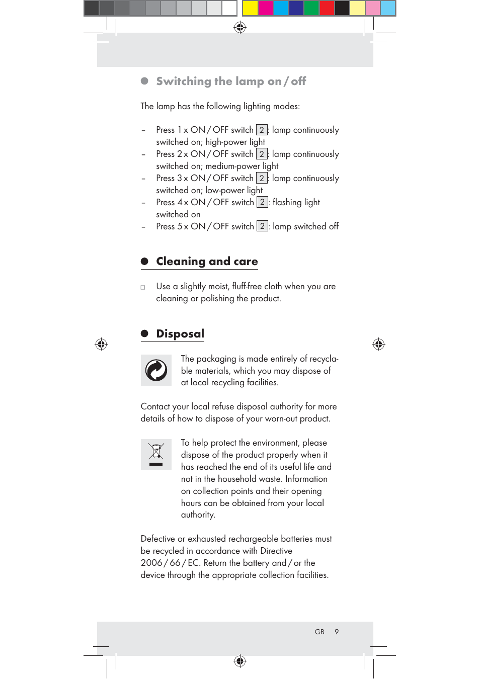 Switching the lamp on / oﬀ, Cleaning and care, Disposal | Rocktrail Z30712 User Manual | Page 9 / 53