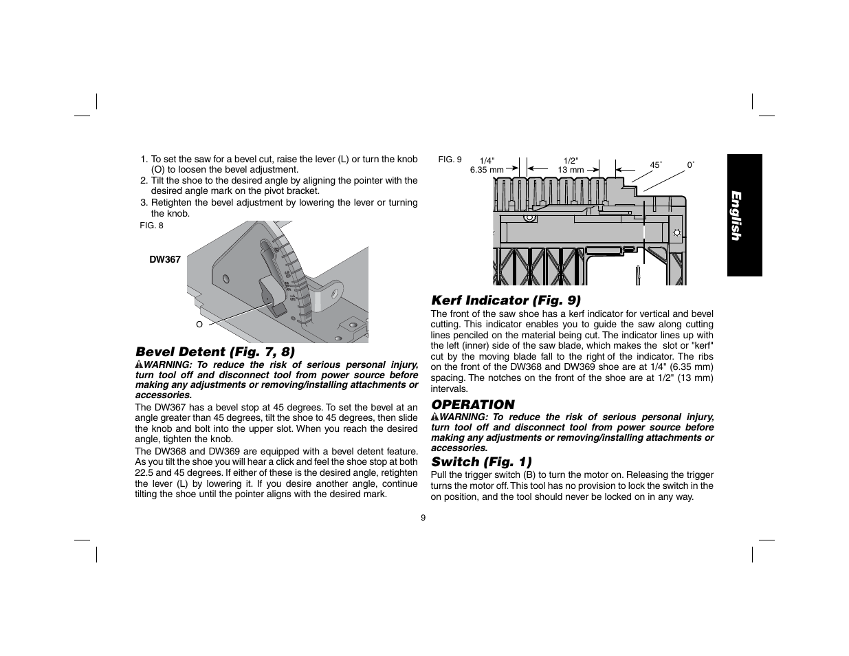 English, Bevel detent (fig. 7, 8), Kerf indicator (fig. 9) | Operation, Switch (fig. 1) | DeWalt DW369 User Manual | Page 11 / 56