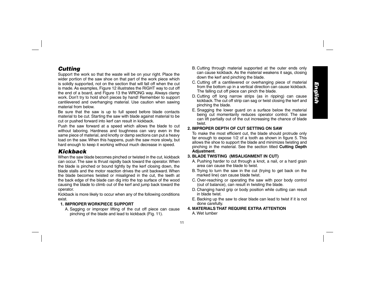English cutting, Kickback | DeWalt DW369 User Manual | Page 13 / 56