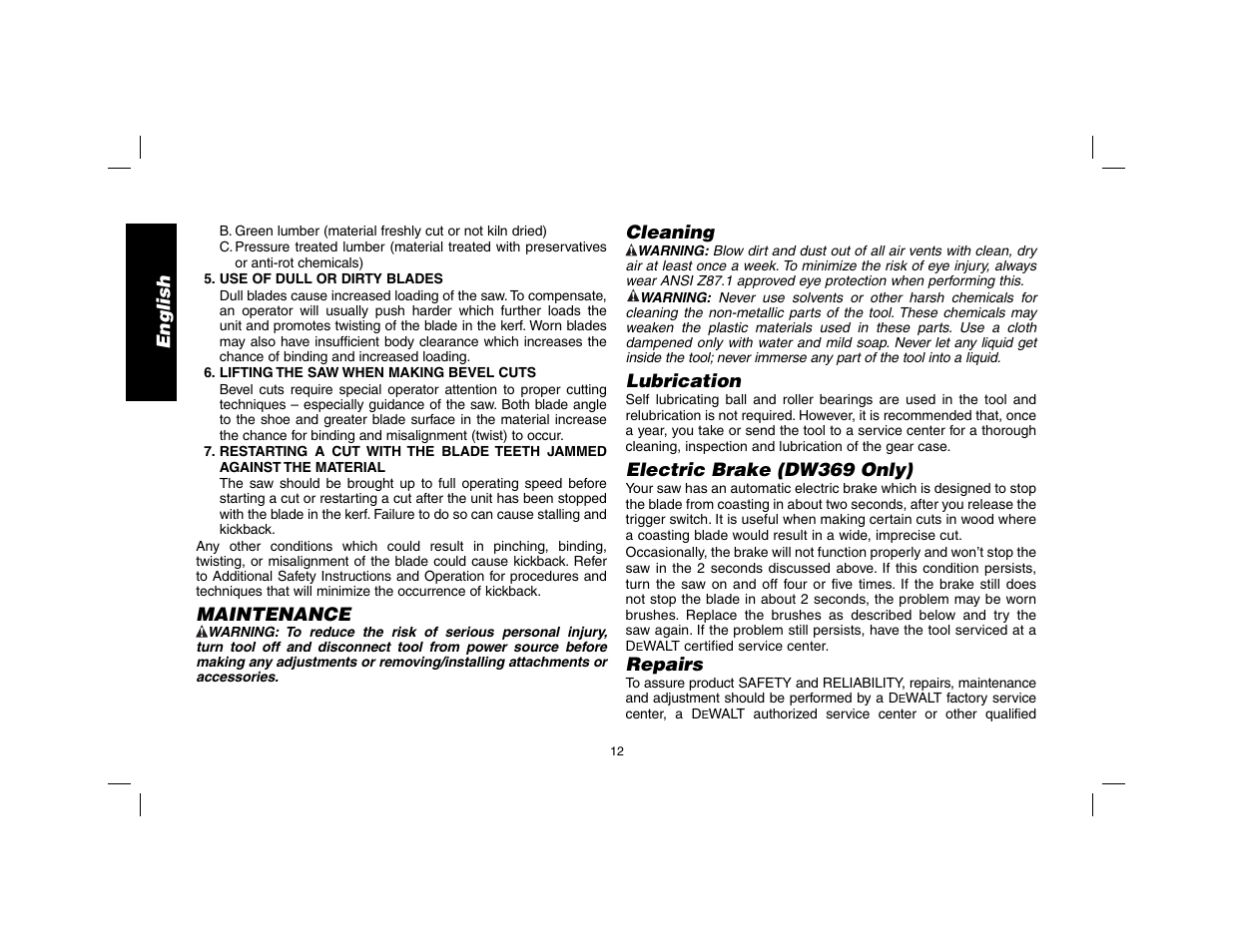 English, Maintenance, Cleaning | Lubrication, Electric brake (dw369 only), Repairs | DeWalt DW369 User Manual | Page 14 / 56