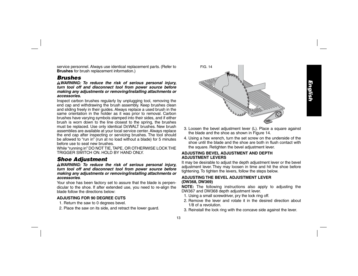 English, Brushes, Shoe adjustment | DeWalt DW369 User Manual | Page 15 / 56