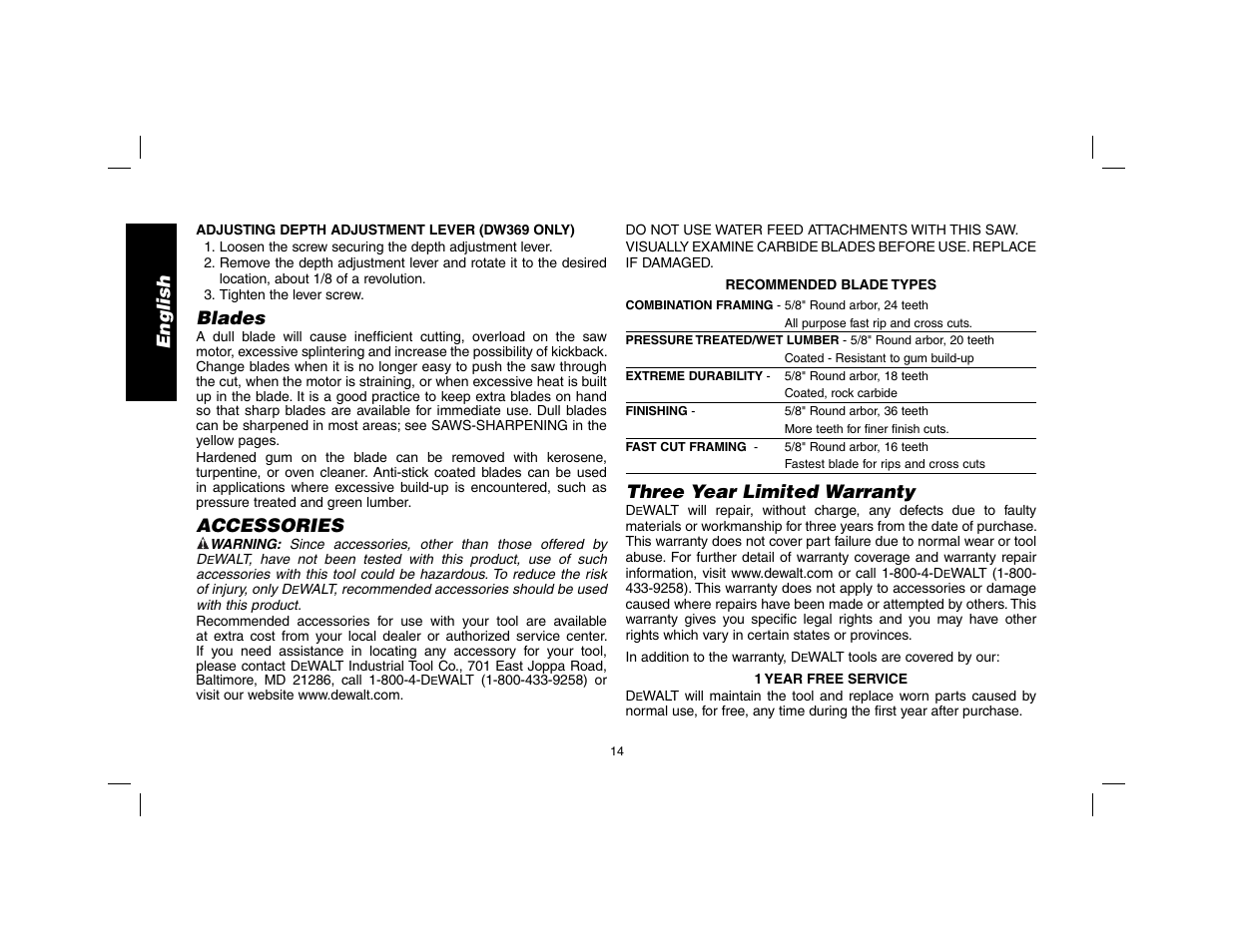 English, Blades, Accessories | Three year limited warranty | DeWalt DW369 User Manual | Page 16 / 56