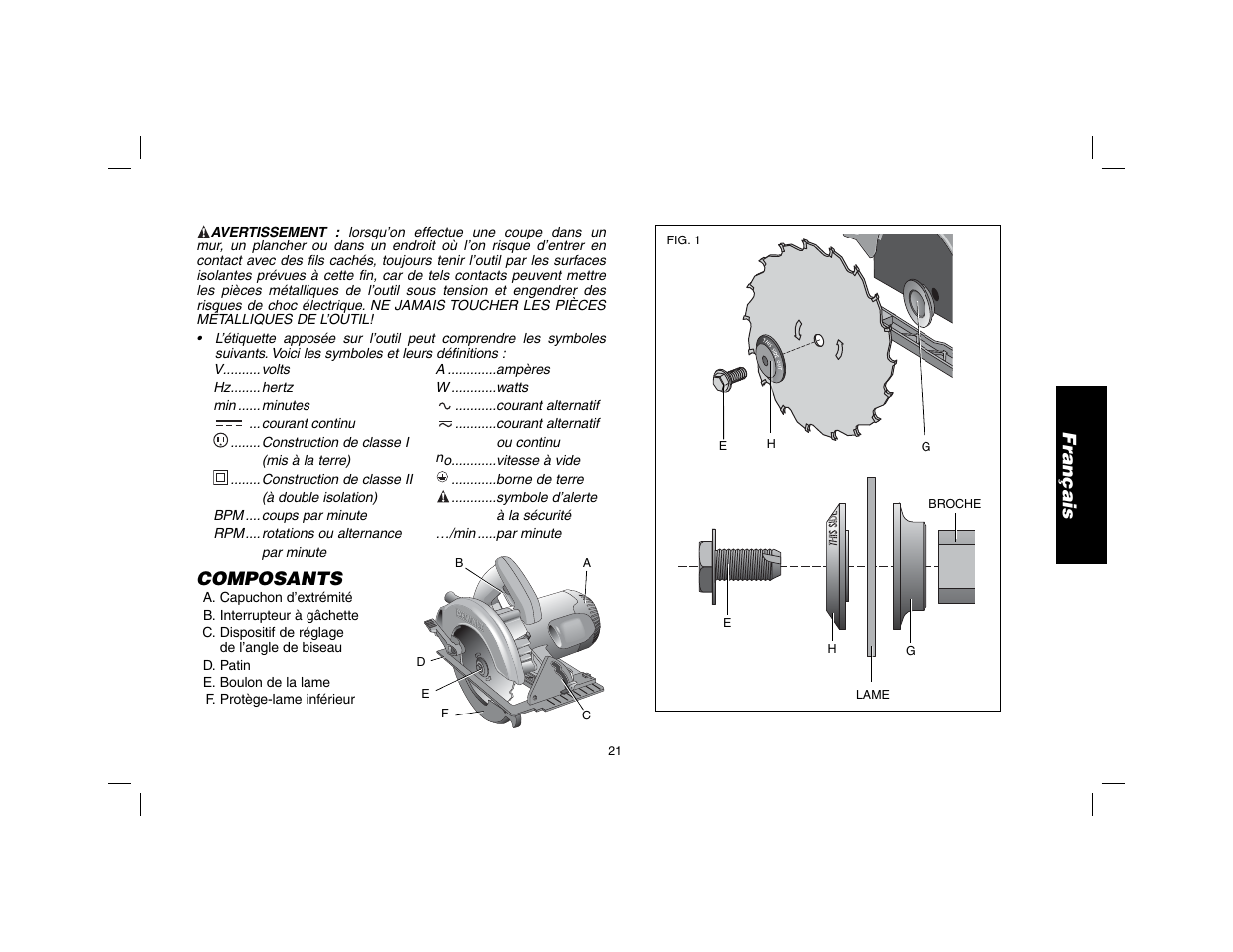 Français, Composants | DeWalt DW369 User Manual | Page 23 / 56