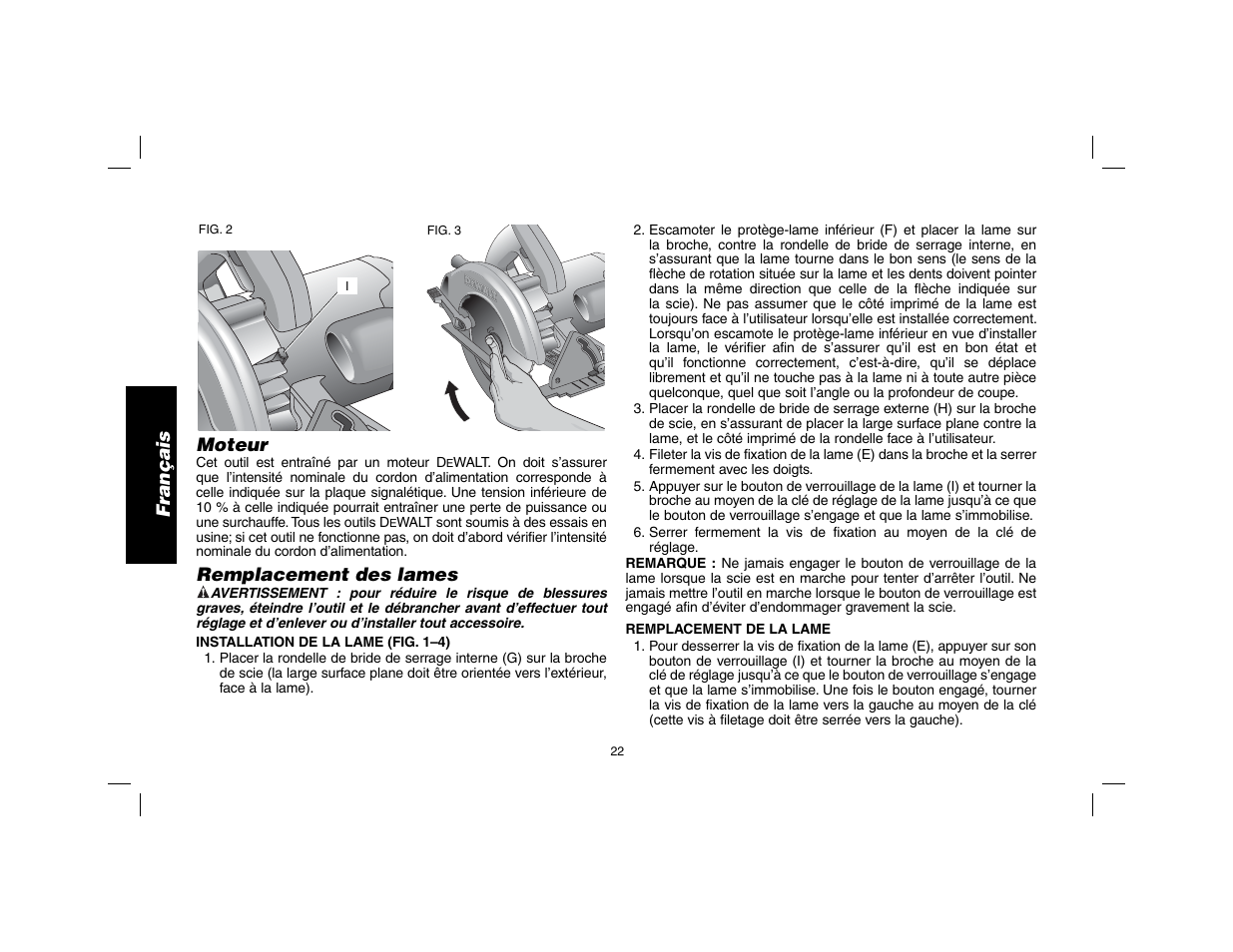 Français, Moteur, Remplacement des lames | DeWalt DW369 User Manual | Page 24 / 56