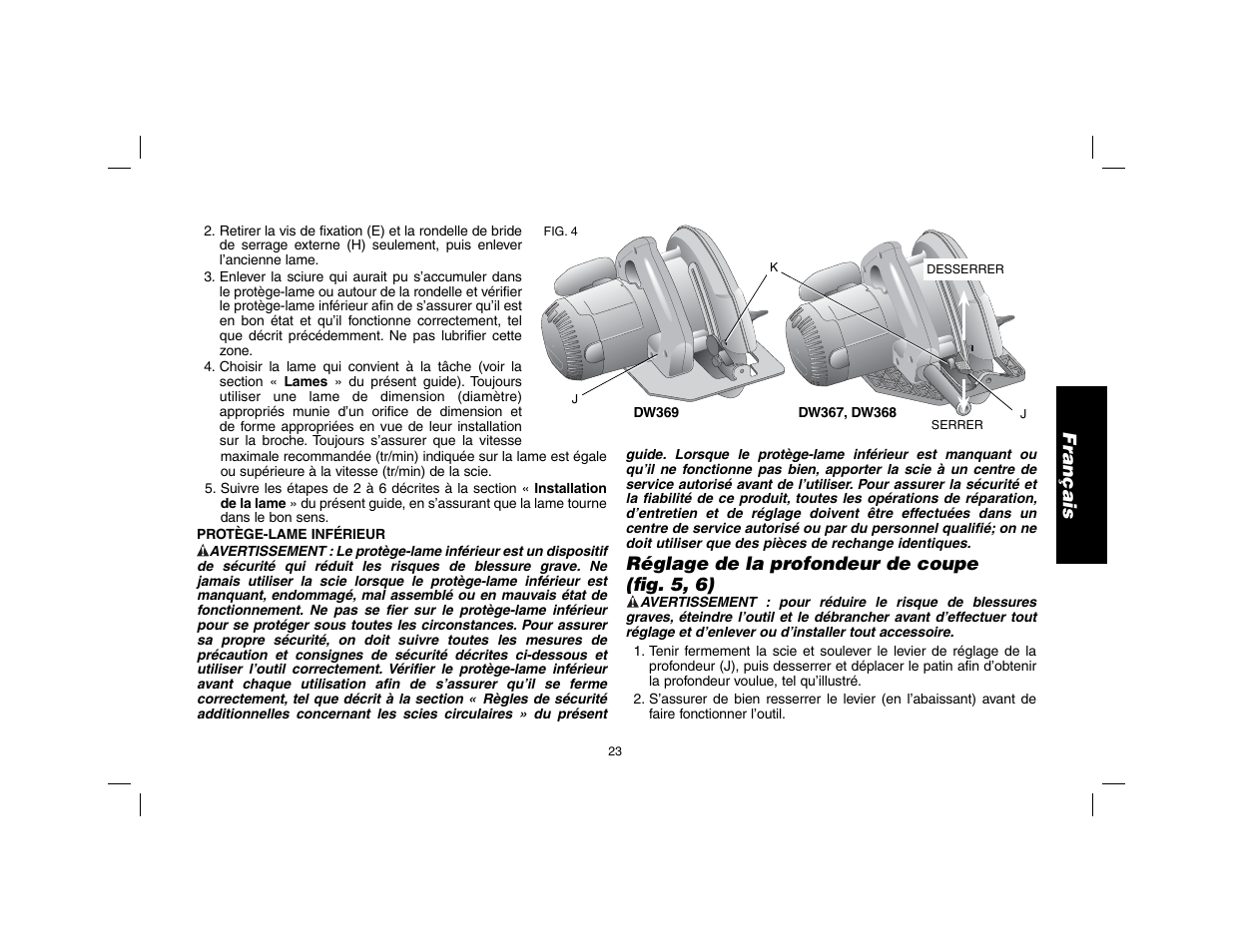 Français, Réglage de la profondeur de coupe (fi g. 5, 6) | DeWalt DW369 User Manual | Page 25 / 56