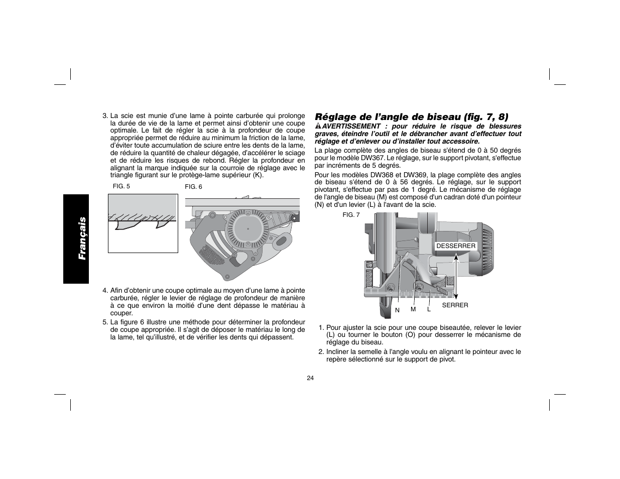 Français, Réglage de l’angle de biseau (fi g. 7, 8) | DeWalt DW369 User Manual | Page 26 / 56