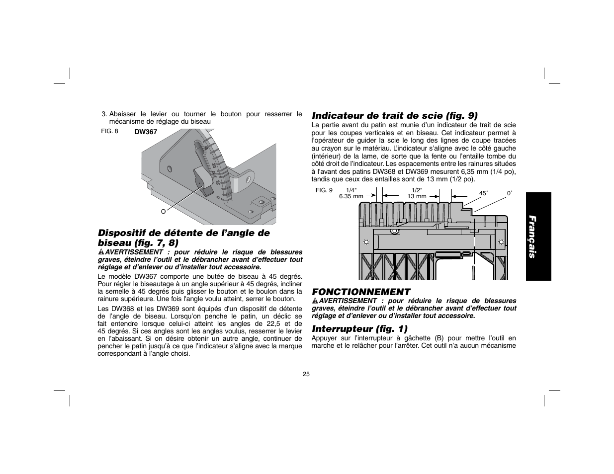 Français, Indicateur de trait de scie (fi g. 9), Fonctionnement | Interrupteur (fi g. 1) | DeWalt DW369 User Manual | Page 27 / 56