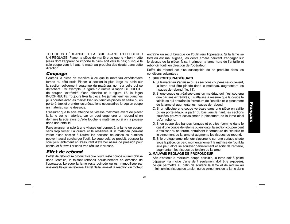 Français, Coupage, Effet de rebond | DeWalt DW369 User Manual | Page 29 / 56