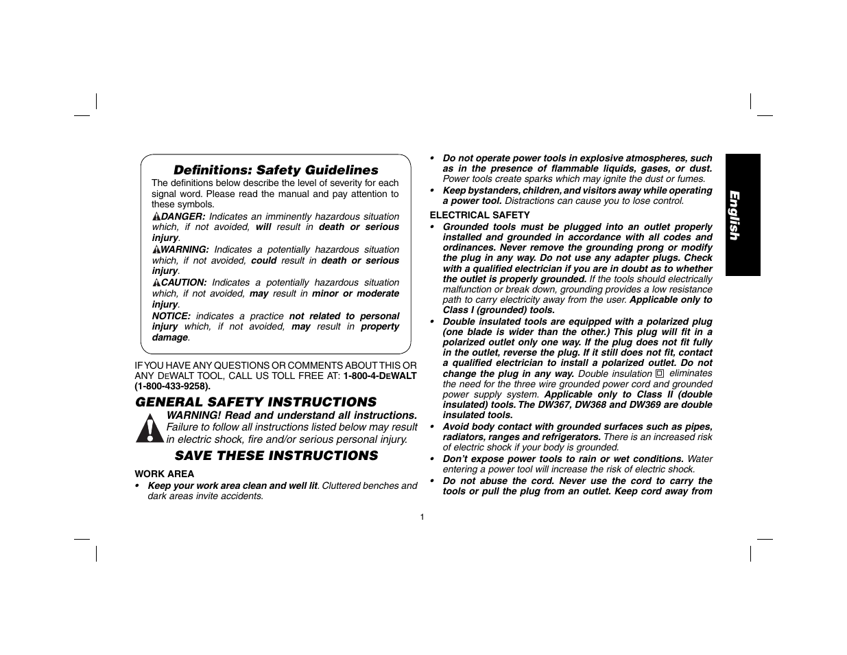 English defi nitions: safety guidelines, General safety instructions, Save these instructions | DeWalt DW369 User Manual | Page 3 / 56