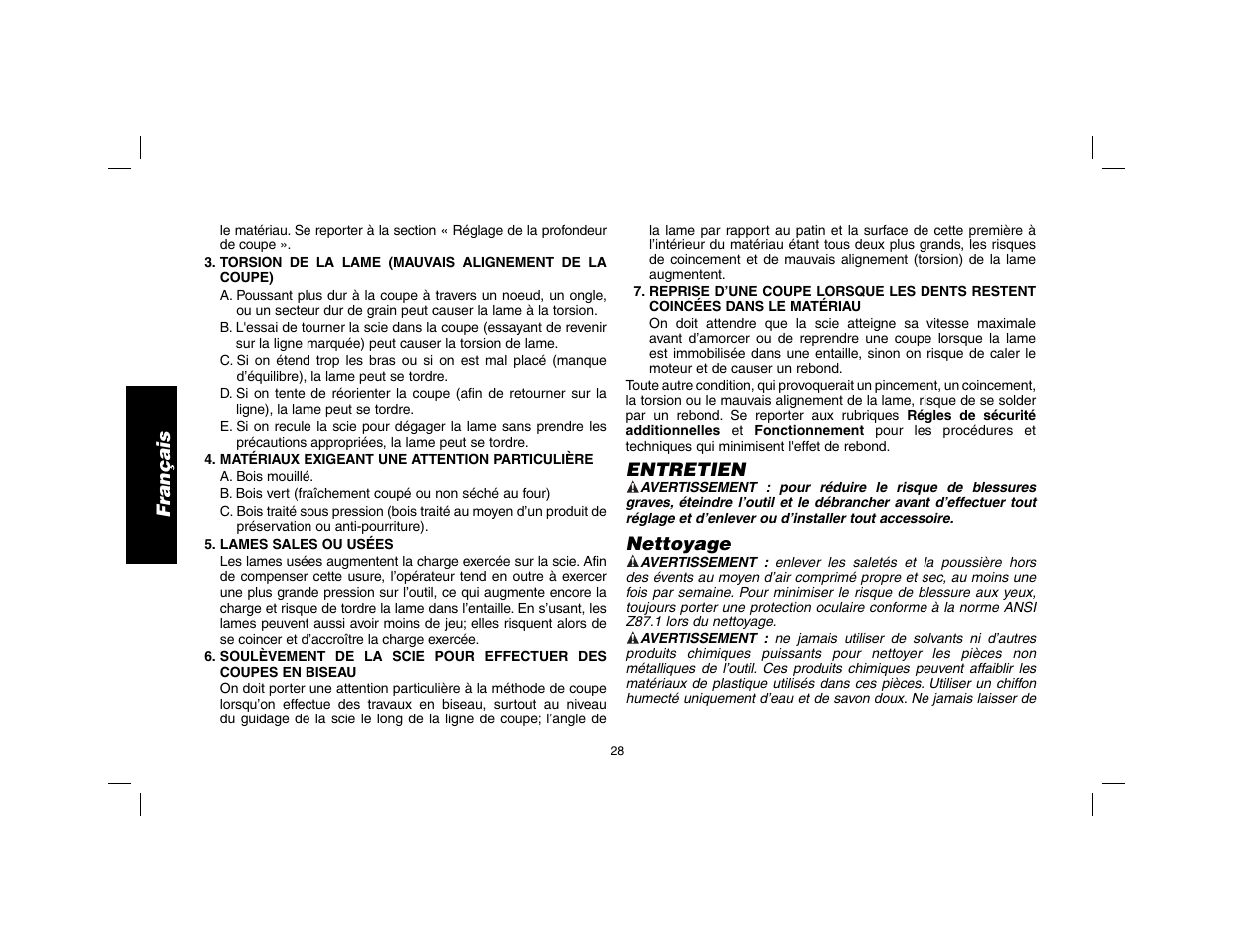 Français, Entretien, Nettoyage | DeWalt DW369 User Manual | Page 30 / 56
