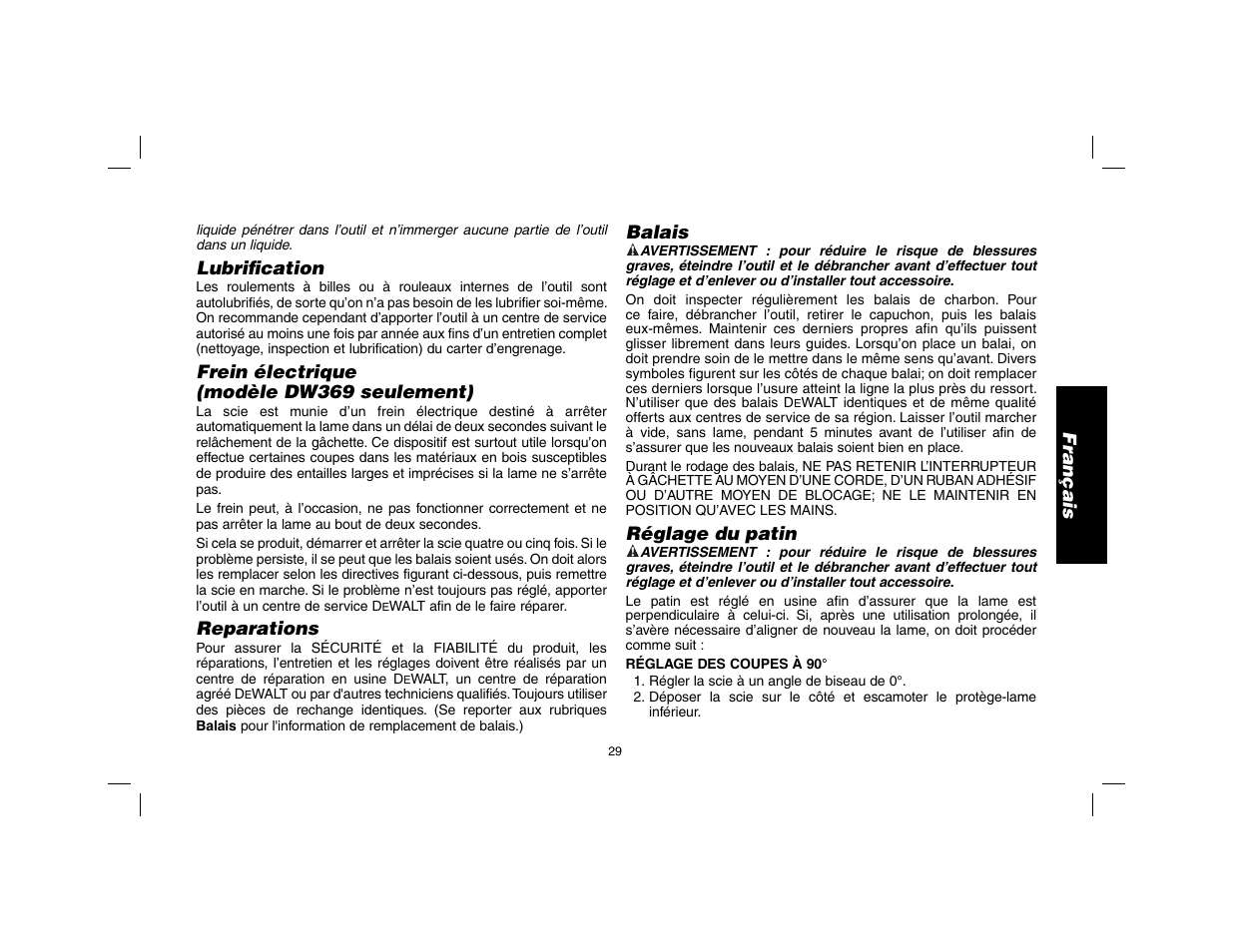 Français, Lubrifi cation, Frein électrique (modèle dw369 seulement) | Reparations, Balais, Réglage du patin | DeWalt DW369 User Manual | Page 31 / 56