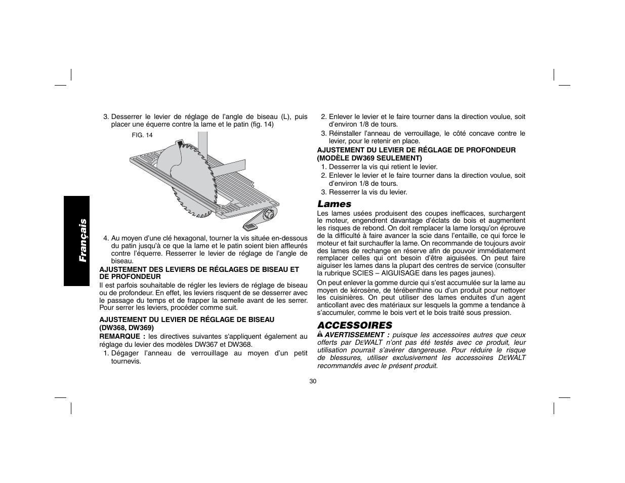 Français, Lames, Accessoires | DeWalt DW369 User Manual | Page 32 / 56