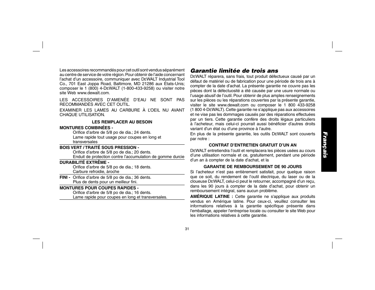 Français, Garantie limitée de trois ans | DeWalt DW369 User Manual | Page 33 / 56