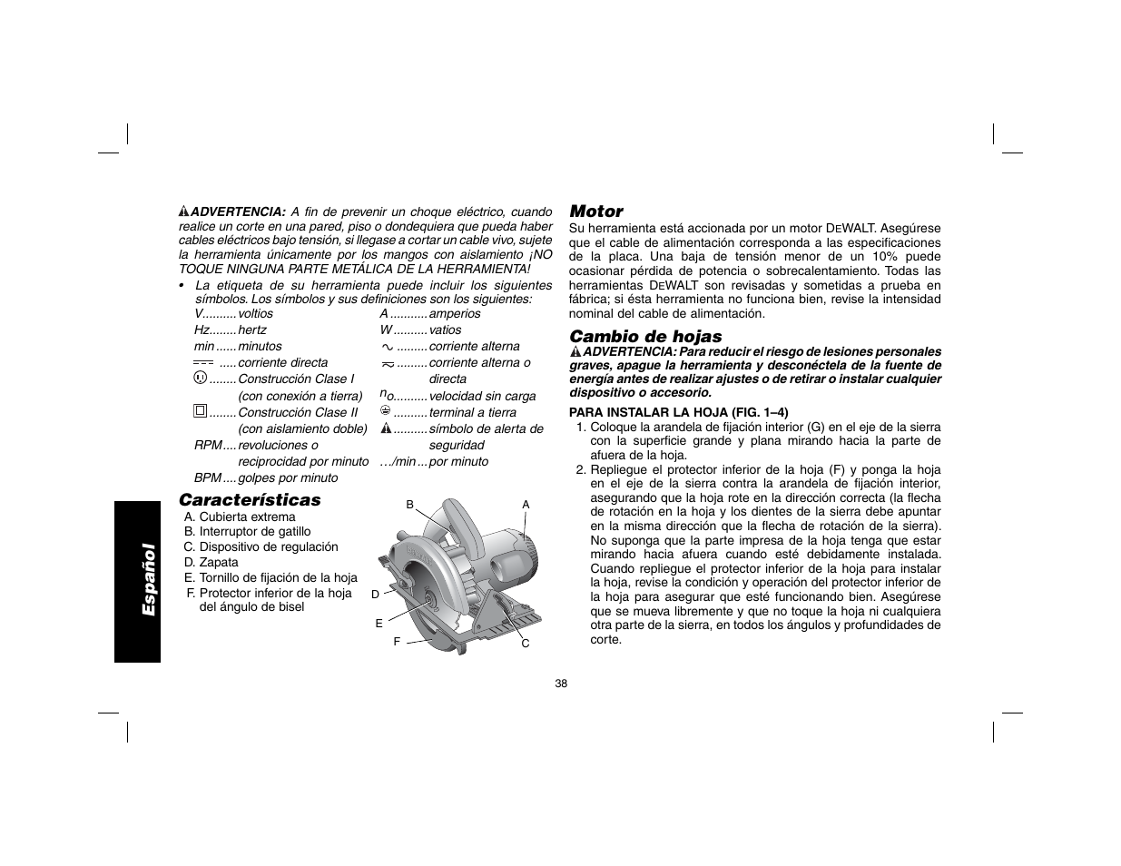 Español, Características, Motor | Cambio de hojas | DeWalt DW369 User Manual | Page 40 / 56