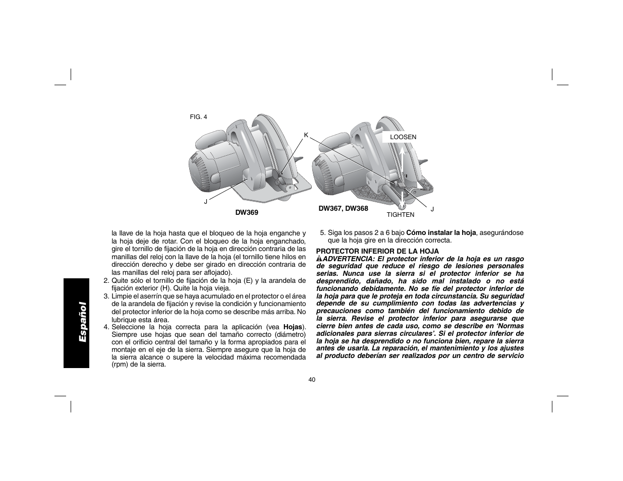 Español | DeWalt DW369 User Manual | Page 42 / 56