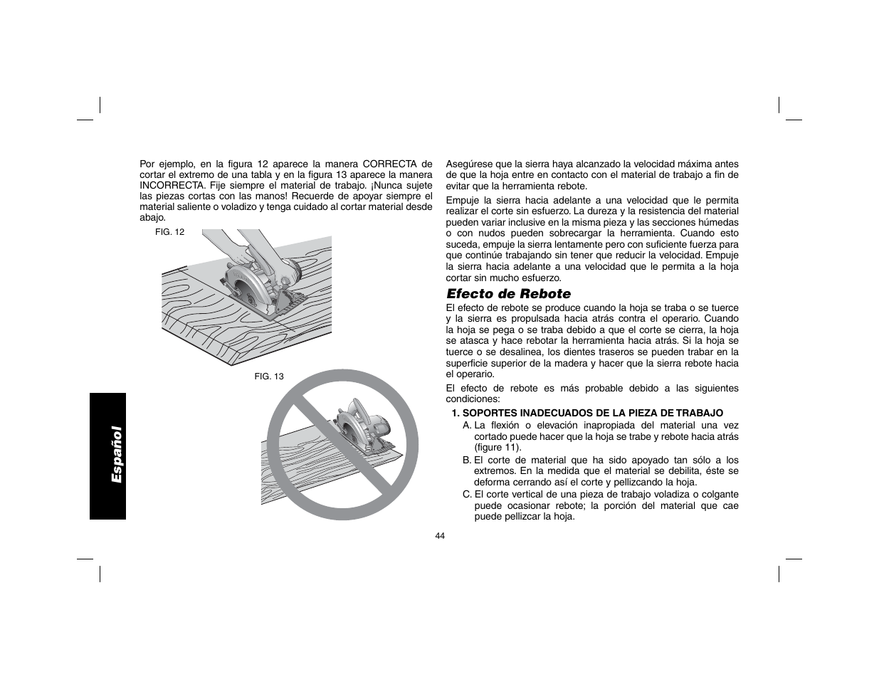 Español, Efecto de rebote | DeWalt DW369 User Manual | Page 46 / 56