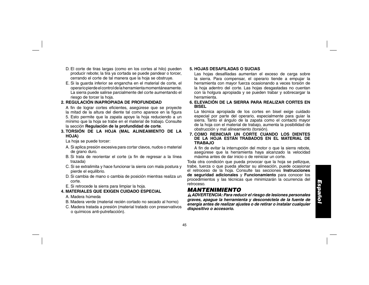 Español, Mantenimiento | DeWalt DW369 User Manual | Page 47 / 56