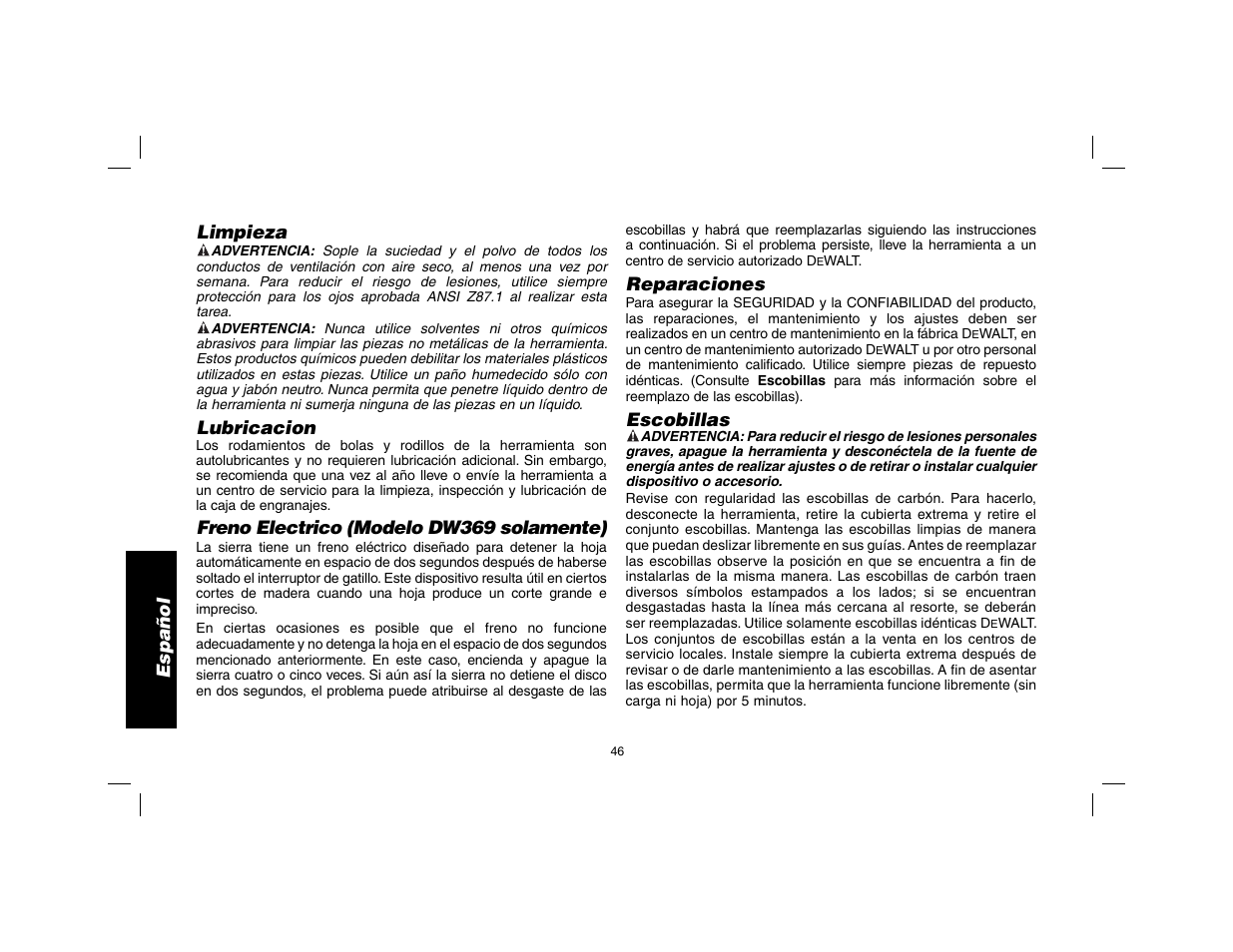 Español, Limpieza, Lubricacion | Freno electrico (modelo dw369 solamente), Reparaciones, Escobillas | DeWalt DW369 User Manual | Page 48 / 56