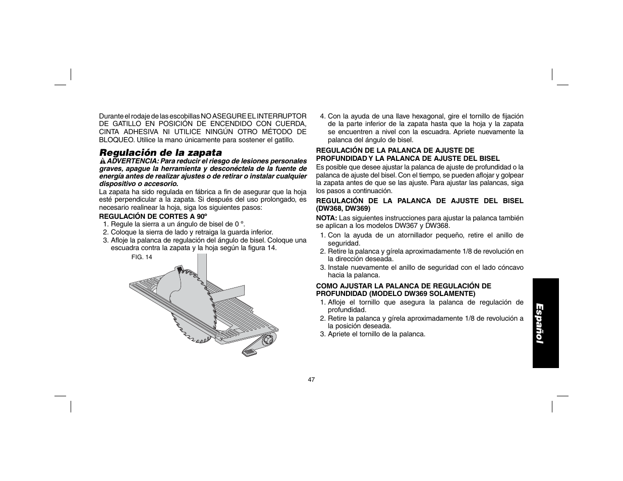 Español, Regulación de la zapata | DeWalt DW369 User Manual | Page 49 / 56