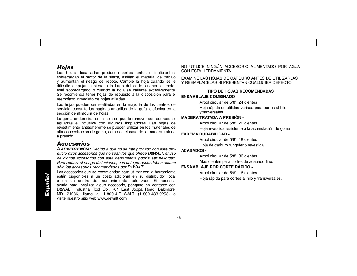 Español, Hojas, Accesorios | DeWalt DW369 User Manual | Page 50 / 56