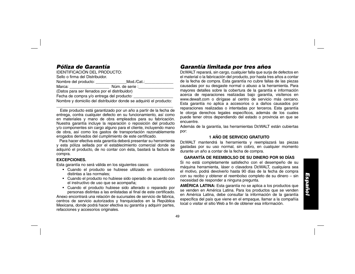 Español, Póliza de garantía, Garantía limitada por tres años | DeWalt DW369 User Manual | Page 51 / 56