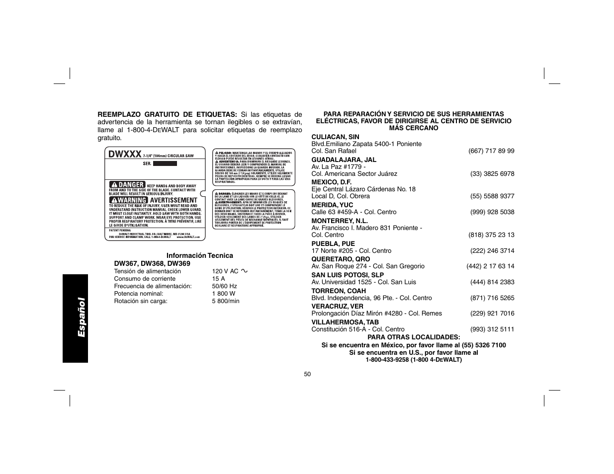 Español | DeWalt DW369 User Manual | Page 52 / 56