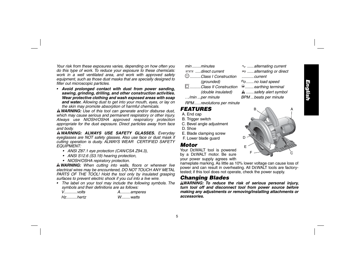 English, Features, Motor | Changing blades | DeWalt DW369 User Manual | Page 7 / 56