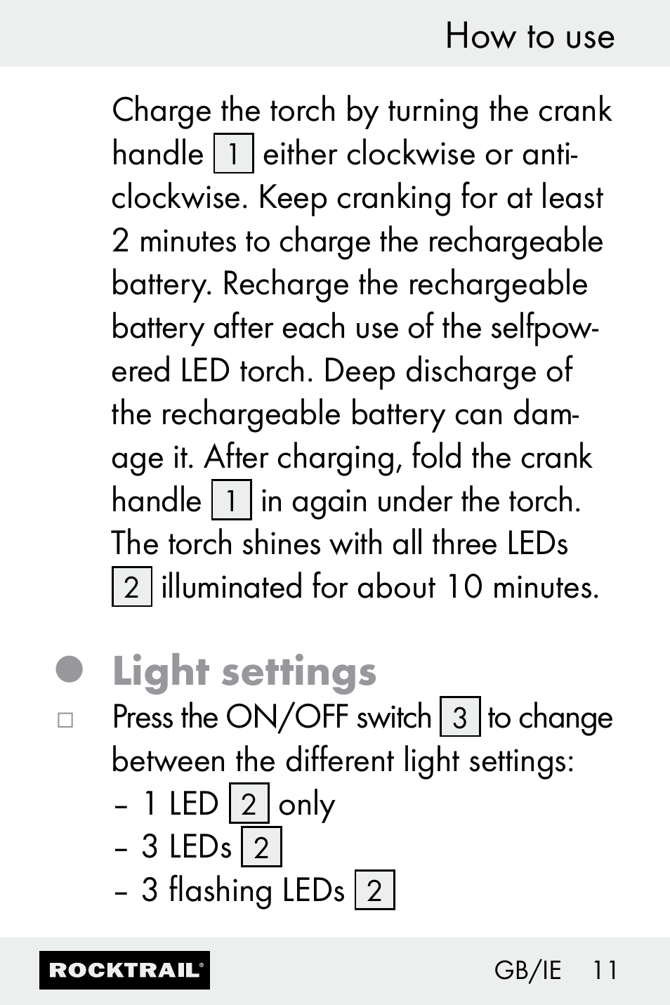 Light settings, How to use | Rocktrail Z30693 User Manual | Page 11 / 47