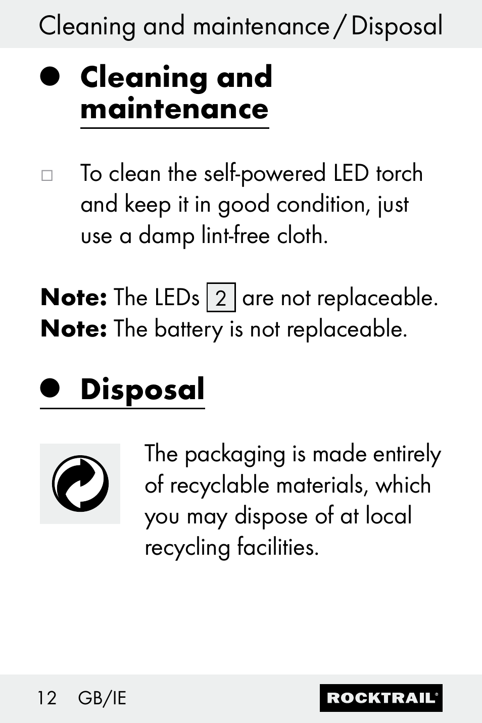 Cleaning and maintenance, Disposal | Rocktrail Z30693 User Manual | Page 12 / 47