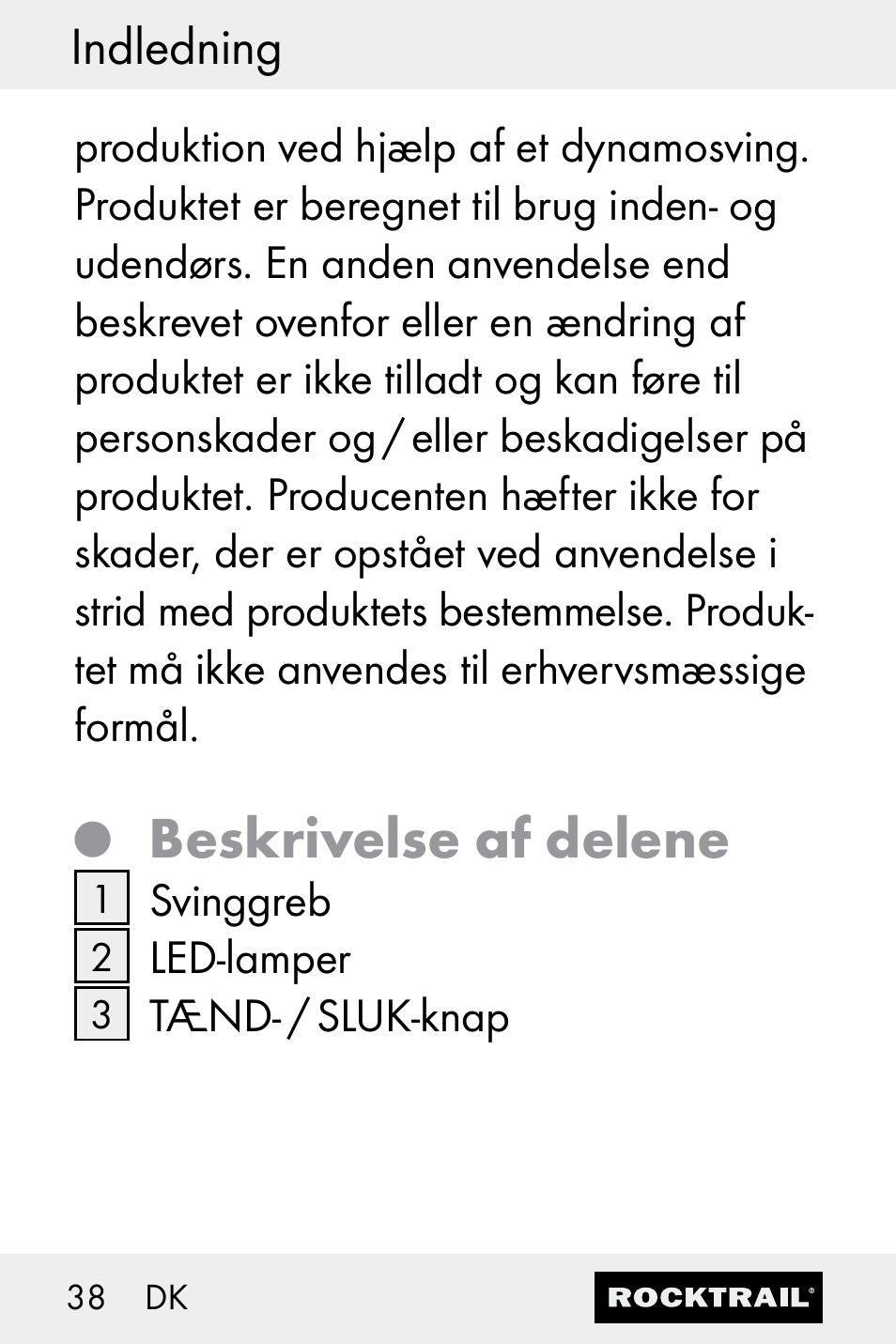 Beskrivelse af delene, Indledning | Rocktrail Z30693 User Manual | Page 38 / 47