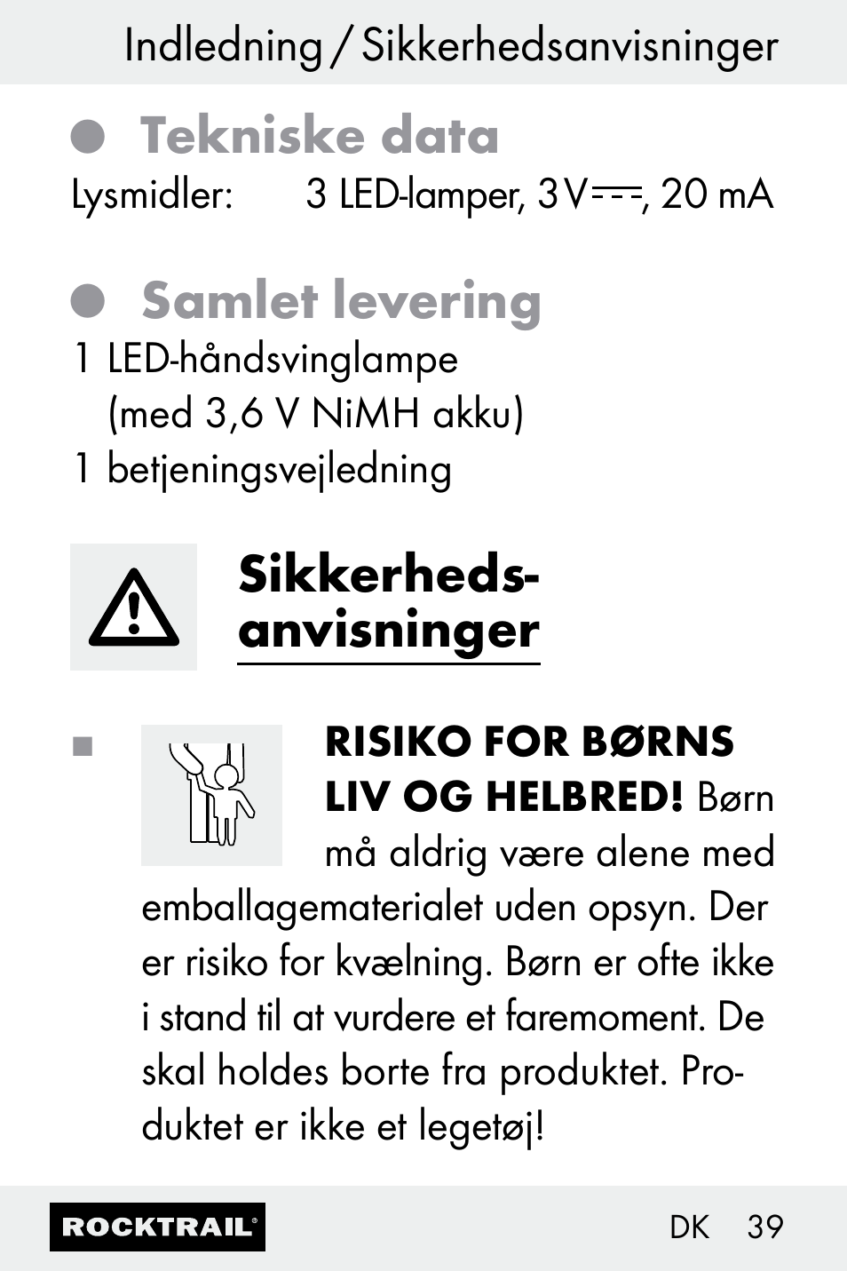 Tekniske data, Samlet levering, Sikkerheds- anvisninger | Rocktrail Z30693 User Manual | Page 39 / 47