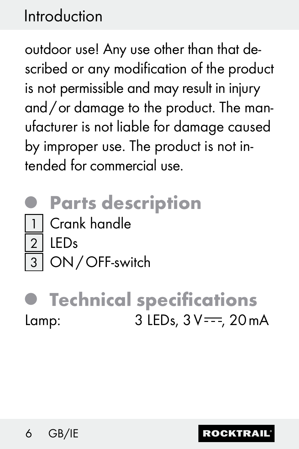 Parts description, Technical specifications, Introduction | Rocktrail Z30693 User Manual | Page 6 / 47